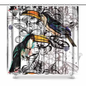 

Watercolor Tropical Flowers and Toucan Birds Waterproof Polyester Fabric Shower Curtain Bathroom Sets with Hooks Home Decor,