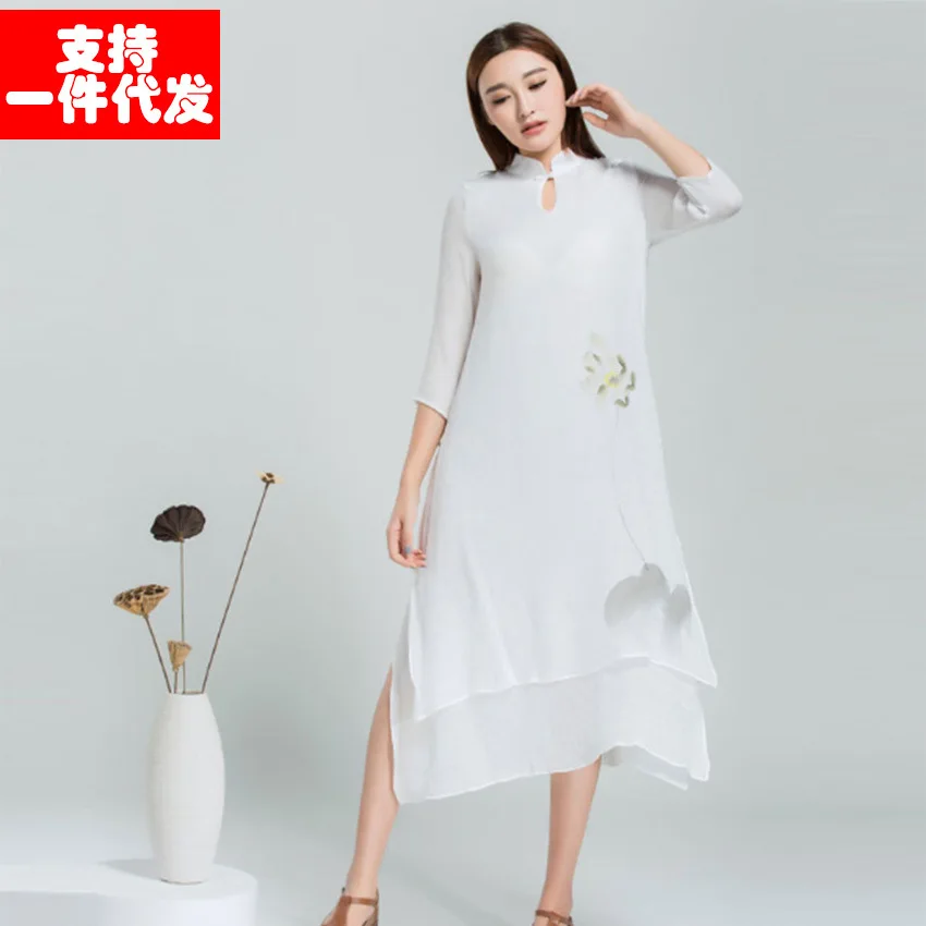 Весна и лето стиль Стенд воротник Cheongsam Универсальный Цельный Длинные юбки Zen Чай Обслуживание OEM женское платье Бутик Ha