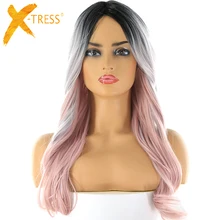 Платиновый розовый цвет Омбре синтетические волосы парики боковая часть для женщин X-TRESS длинные волнистые глубокий Невидимый парик с челкой