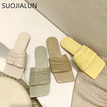 

SUOJIALUN Women Summer Flat Slipper High Quality Soft Sole Summer Beach Outdoor Sandal Fashion Pleated Elegant Women Sandal Shoe