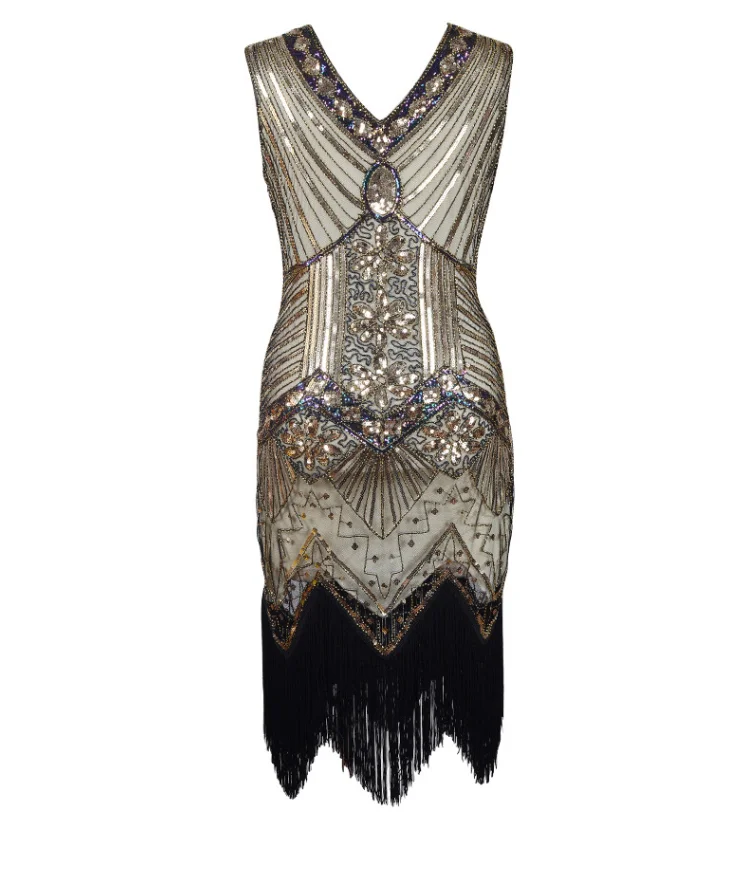 Женское винтажное платье 1920 s Great Gatsby, платье с блестками, v-образный вырез, кисточки, облегающее платье для вечеринки с бисером платья с блестками, арт-деко, двойной