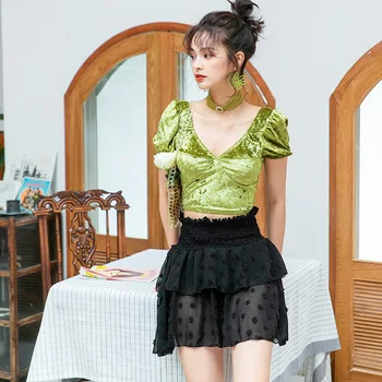 

Swimsuit Surfing Bathing Suit For Girls Woman Women Rashguard Surf Split Swimsuits With Skirt Velvet Three Piece Set Retro Push