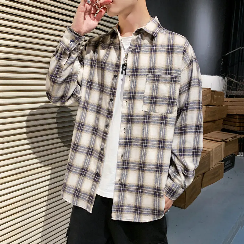 

2019 autumn new plaid long-sleeved shirt men's large size casual jacket streetwear camisa masculina Single Breasted Yellow