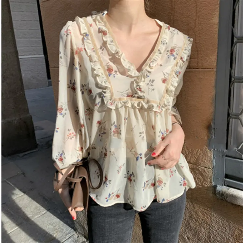 

Alien Kitty 2019 Sweet Prairie Chic Ruffles Print Floral Velvet Patchwork Chiffon Autumn All-Match V-collar Fresh Women Shirt