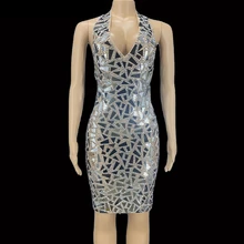 

Shining Silver Mirror Rhinestone V Neck Backless Short Dress Evening Party Prom Birthday Bodycon Dresses Singer Stage Show Wear