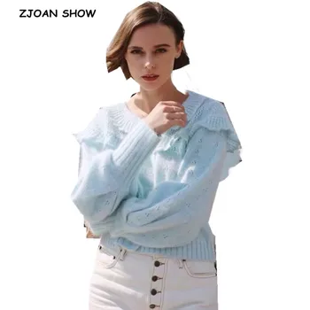 

2019 Single Breasted Hollow Out Hole Flower Ruffles Cardigan Sweater Retro Woman Knitted Long Sleeve Jumper Autumn New Stylish