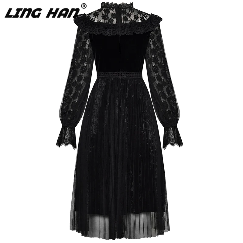 LINGHAN Vintage black Mesh Patchwork Party Dress Women Elegant Embroidery Lantern Sleeve Velvet Dresses Designer New