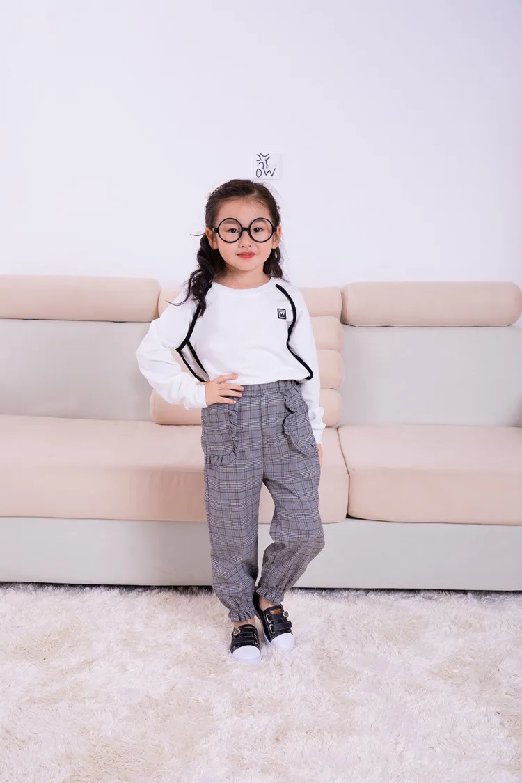 New Style Girls British Style Plaid Korean-style Frilled Closing Foot Elastic Casual Trousers Slim-Fit Pants Y0079