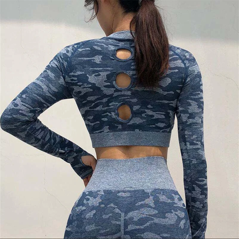 Женский Камуфляжный укороченный топ для йоги, бесшовные рубашки для тренировок с длинным рукавом, укороченные футболки для фитнеса и бега, облегающая Спортивная одежда для спортзала