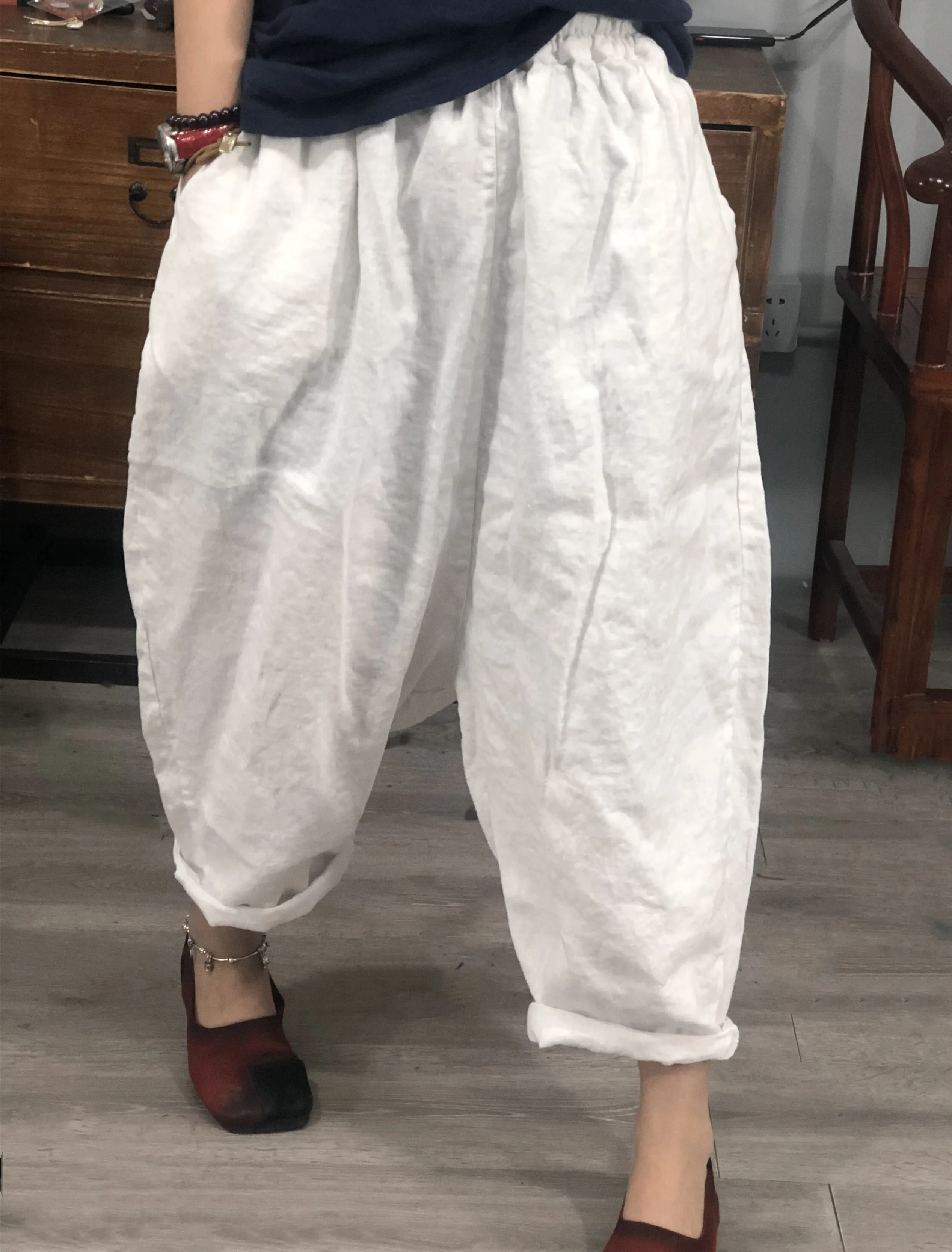 

Large Size Elastic Waist Loose Wide Leg Pants Summer Women's Cotton Linen Thin Breathable Loose Vintage Casual Trousers