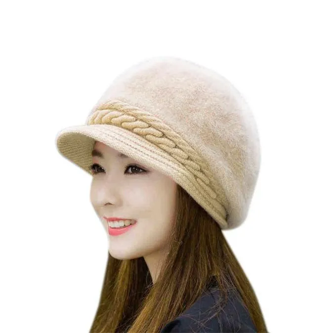 Модная женская теплая шапка, Повседневная зимняя теплая шапка Skullies Beanies, однотонные кепки, женские вязаные шапки с кроличьим мехом, шапка для женщин