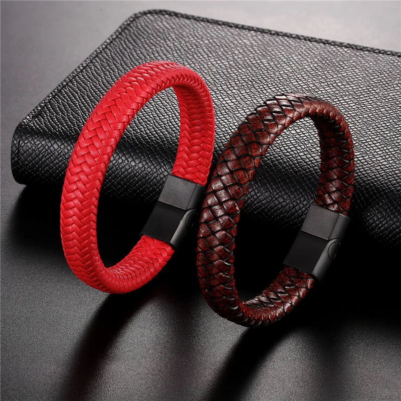 Bracelet Jewelry MKENDN Punk Men Leather Bracelet Black Stainless Steel Magnetic Clasp Braided Woven Bangle Pulseras lovers' gift