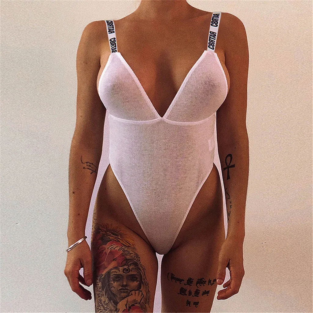 

2019 Fashion Women Sexy Letter Bodysuits Print V-neck Condole Belt Suspenders Jumpsuits Polyester Comfortable Teddies Lingerie