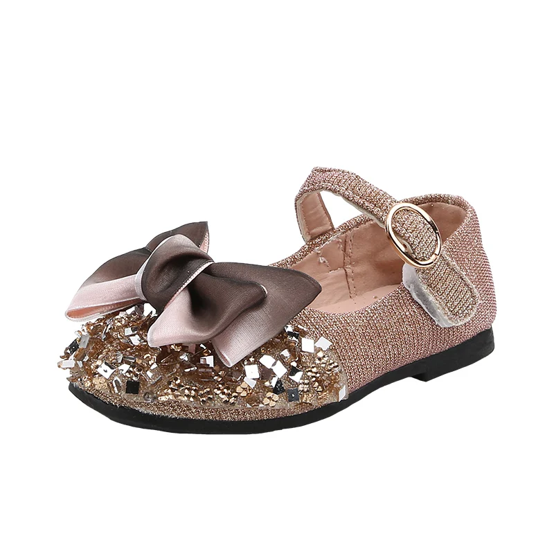 CYSINCOS Children Casual Shoes Leather Girls Princess Flat Heel Party Shoes Sequins Bow Pearl Crystal Bling Casual Shoes