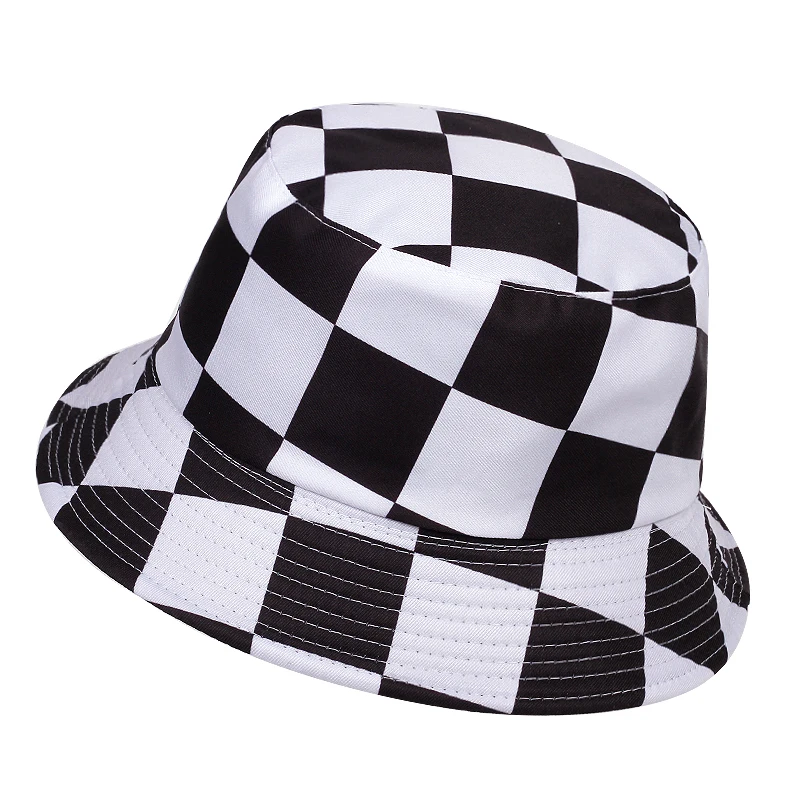 Fashion summer bucket hat Plaid Black White Panama Bucket Hats Foldable Cotton Woman Mens Fishing Hats Hip Hop Bob Unisex Caps