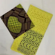 Модная желтая африканская Анкара, высокое качество, принты, хлопок, 3 ярдов, верхний уровень, воск+ 2,5 ярдов, сухое кружево, настоящая голландская восковая ткань