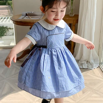 

2020 Summer Spanish Children Dress Lovely Little Princess Baby Girl peter pan collar plaid Kids Dress a-line