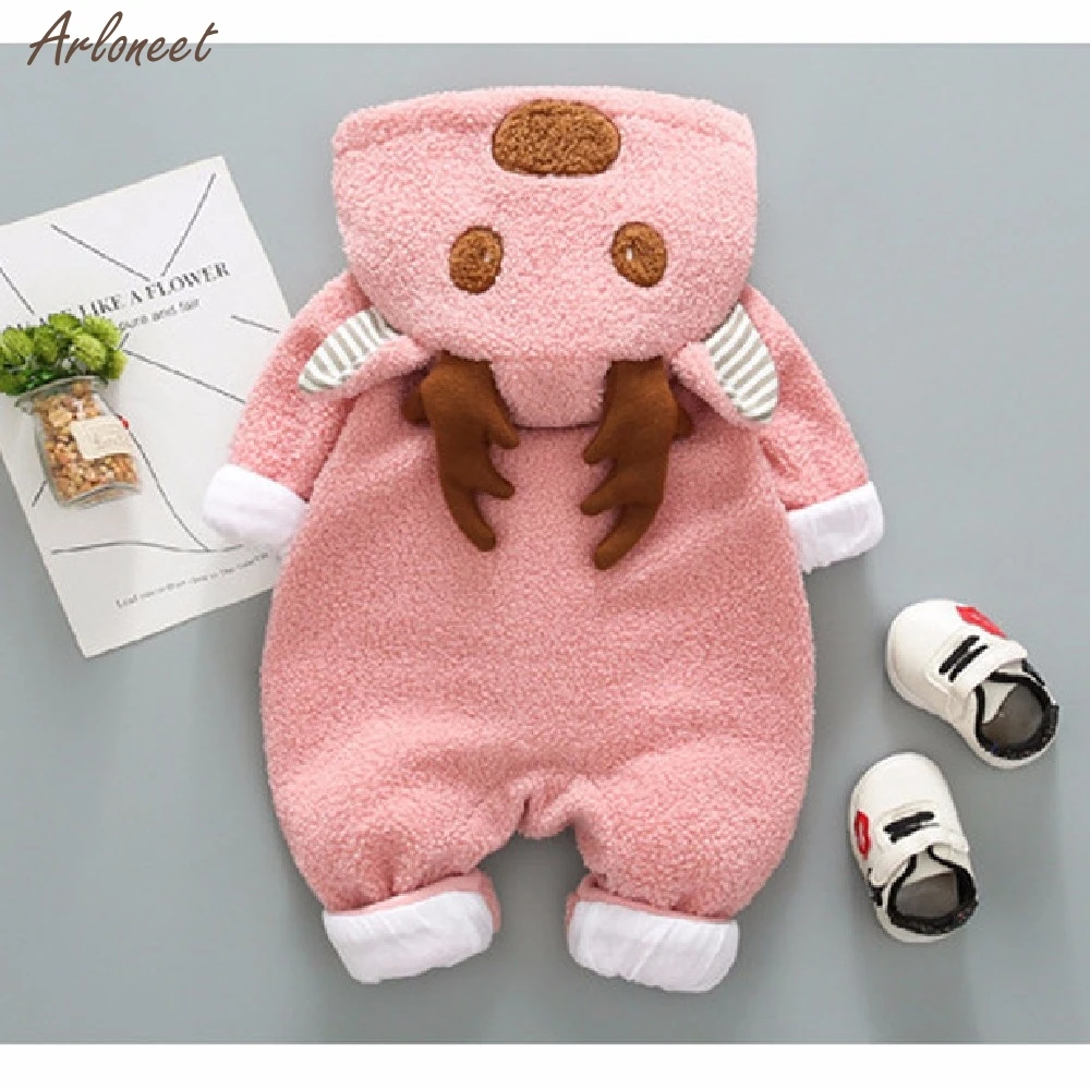 Newborn Baby Boy Girl Fleece Cartoon Winter Warm Jumpsuit Hooded Coat Outwear Headbands Children Cothing Suit NEW