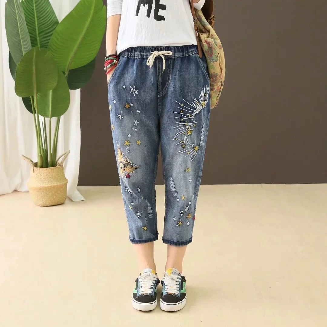 ripped jeans Elastic Waist Jeans Ladies Vintage Embroidery Trousers Women Casual Retro Floral Denim Cowboy Ripped Harem Pants Yalabovso jeans pant