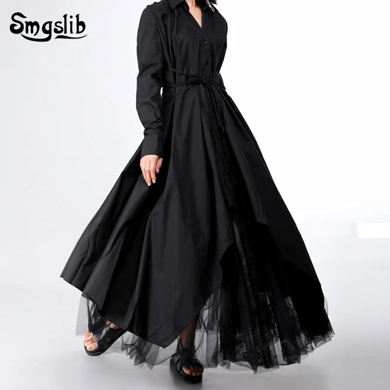 

2020 New Spring Autumn Lapel Long Sleeve Button Bandage Stitch Pleated Irregular Shirt Solid color Dress Women Fashion Tide