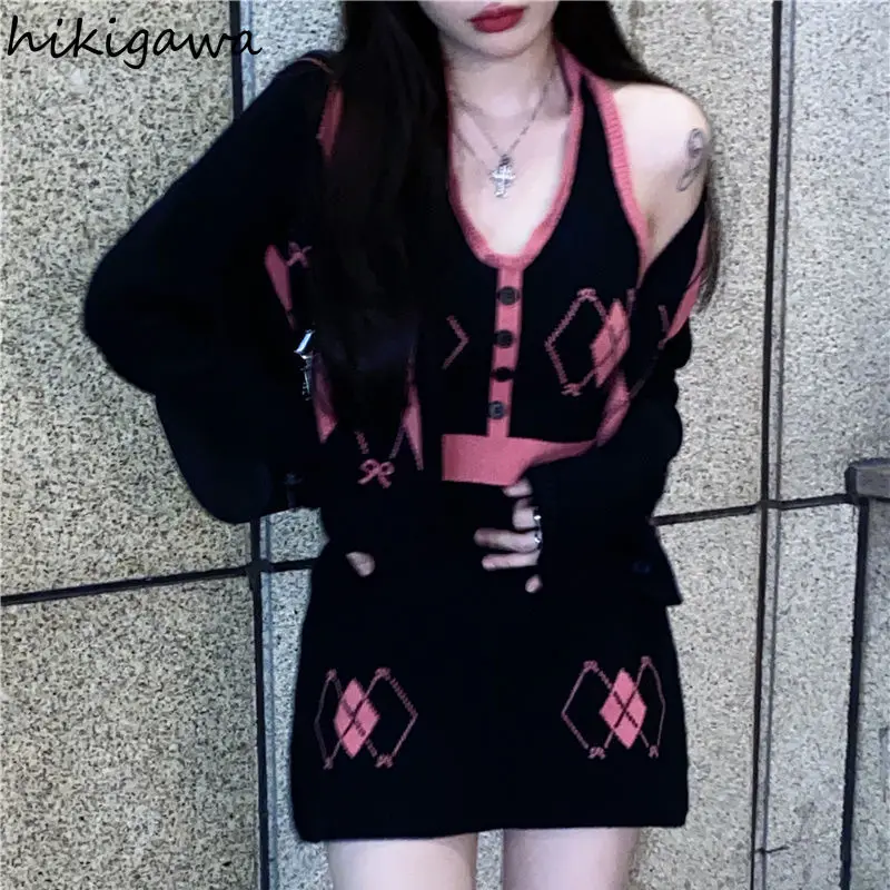 Hikigawa – costume tricoté à la mode coréenne, Cardigan ample, écharpe gilet moulant, Mini jupe Chic tricoté, ensemble 3 pièces pour femmes