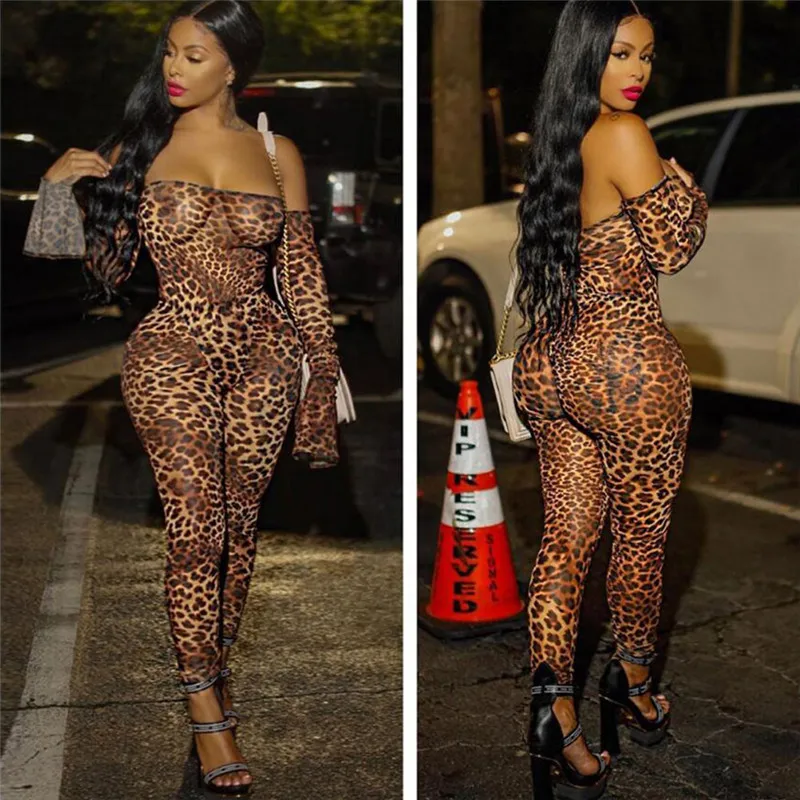 

Women Off Shoulder Mesh Jumpsuit Leopard Printed Ruffle Long Sleeve Romper Bandage Bodycon Club Party Leopard Long Jumpsuit