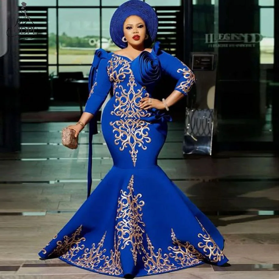 Robe Royal Blue Arabic Women Mermaid Evening Gown Plus Size Satin Mother of the Bridal Dresses 34 Sleeves 2020 Formal Party