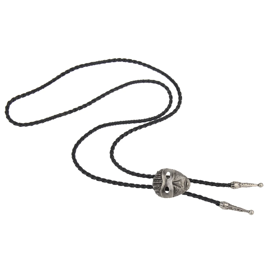 American Native Black PU Leather Cord Western Cowboy Bolo Tie with Bola Pendant Necklace