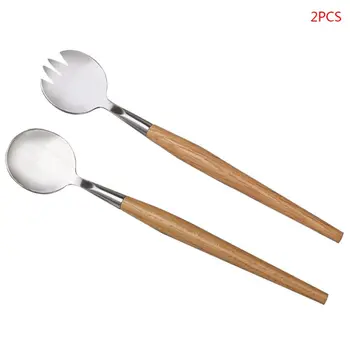 

2 Pcs Salad Spoon Fork with Long Wooden Handle Set Stainless Steel Dessert Fruit Kitchen Tableware Tools
