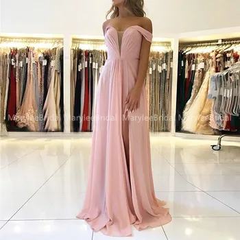 

Long Baby Pink High Slit Evening Dresses Off Shoulder Pleats Chiffon Women Party Dresses Lace Up Back Robe De Soiree Prom Gowns