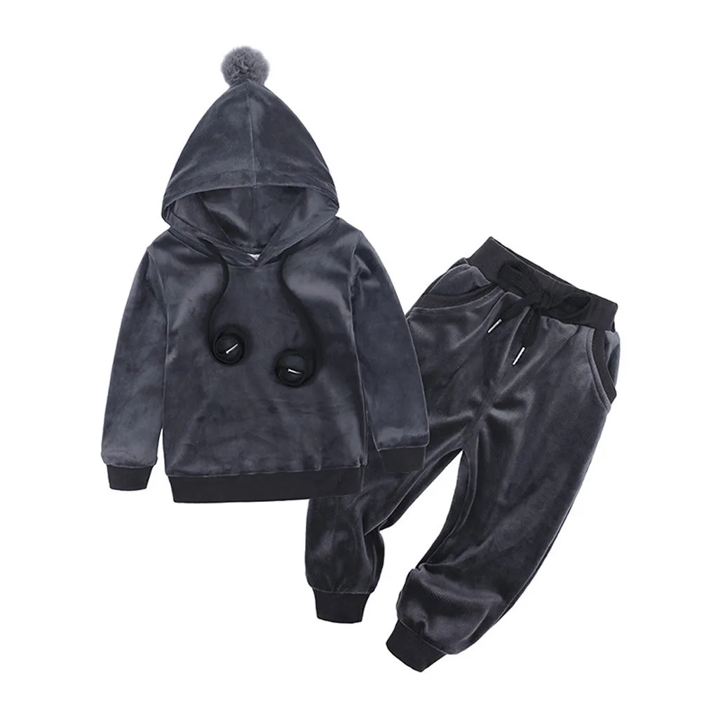 Детская зимняя одежда теплая флисовая толстовка с капюшоном для мальчиков и девочек длинные штаны комплект детской одежды из 2 предметов, толстовка roupa infantil - Цвет: Gray