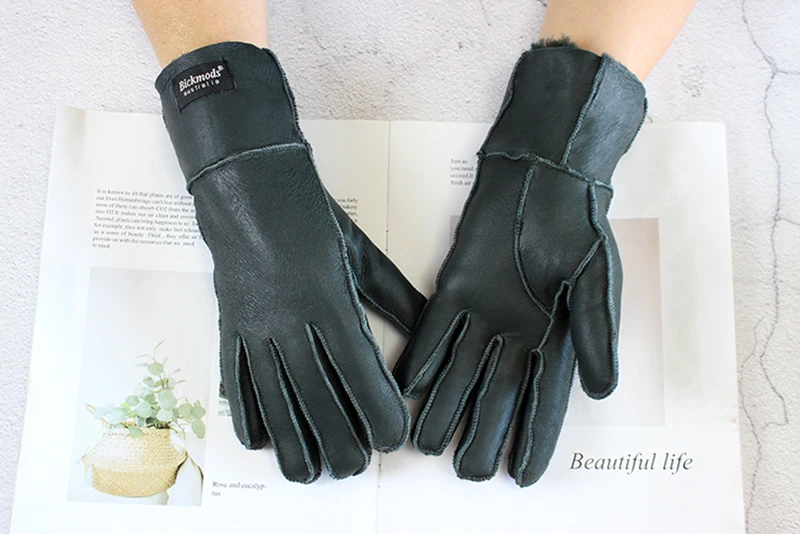 Women's Thickened Winter Sheepskin Fur Gloves Windproof Warm Outdoor Motorcycle Riding Color Leather Finger Gloves