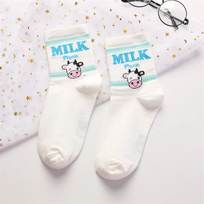 White Cow INS/забавные носки с изображением банана в стиле унисекс в стиле Харадзюку, модные хлопковые хипстерские носки с изображением счастливых фруктов - Цвет: White Cow