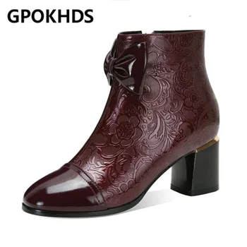

GPOKHDS 2021 women ankle boots cow leather zippers butterfly-knot boots winter short plush round toe high heels women boots