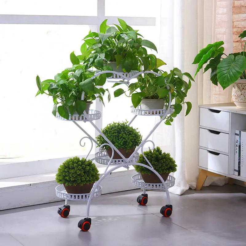 Plant Stand Metal Heart Shape Flower Pot Holder 6 Pots Storagerack  Garden Patio White Shelf with Wheel Outdoor Indoor Decor