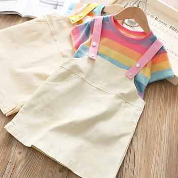 

2020 Girls Clothes Summer Rainbow Striped T-shirt and Overalls Dress 2 Pcs Suit Girl Kids Clothes Children's Clothing