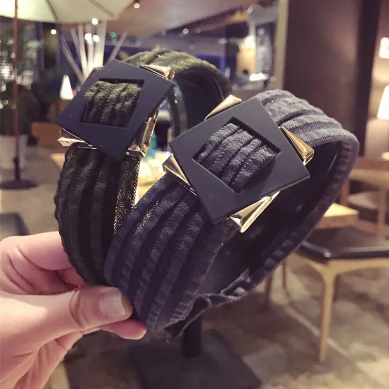 

New ladies fashion fabric handmade square metal hollow stripes wide-brimmed headband chiffon hair accessories hair band