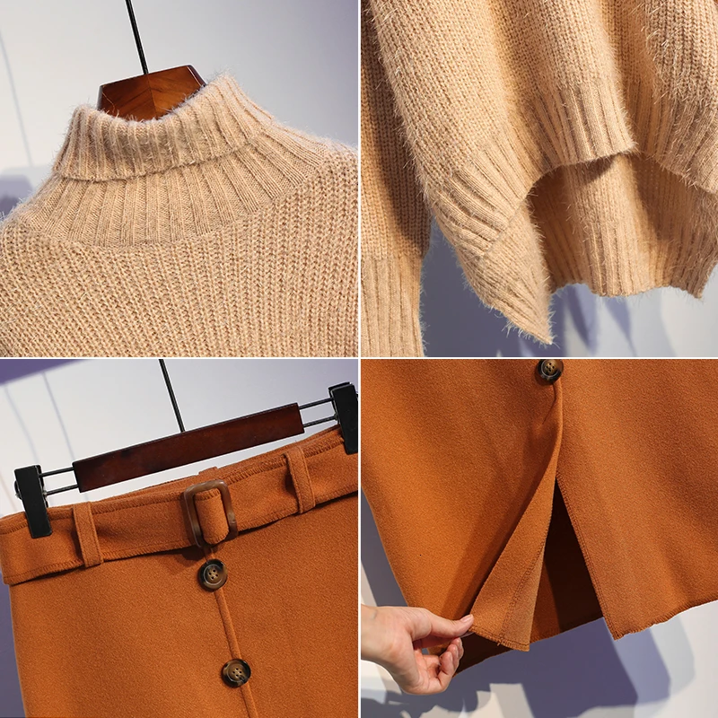 Комплект из 2 предметов для женщин размера плюс, водолазка с длинным рукавом, однотонный вязаный пуловер, свитер и шерстяная юбка с высокой талией