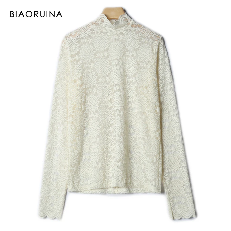 BIAORUINA 3 Colors Women's Solid Sexy Hollow Out Lace Turtleneck Blouse Ladies Elegant All-match Tops One Size | Женская одежда