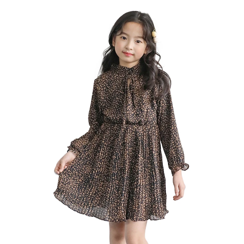 Одежда для маленьких девочек; модное кружевное шифоновое платье с леопардовым принтом для девочек; сезон осень-зима; бархатная теплая одежда принцессы с длинными рукавами