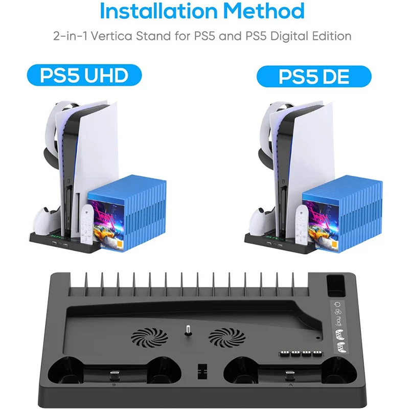 Suporte de carregamento com ventilador de resfriamento para console e  controlador de edição digital PS5 / PS5, estação de carregamento vertical  com 15