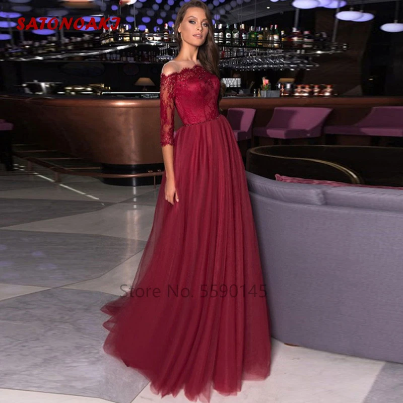 

SATONOAKI 2020 Modest Evening Dresses Long Sleeves Lace Sheer Scoop A-Line Vintage Celebrity Party Gowns Formal Robe De Soriee