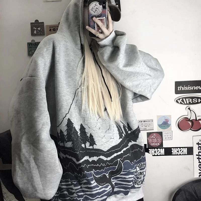 Woherb толстые толстовки для женщин Harajuku негабаритных толстовка японский мультфильм горный студентов длинный стиль Дамы Винтаж кофты