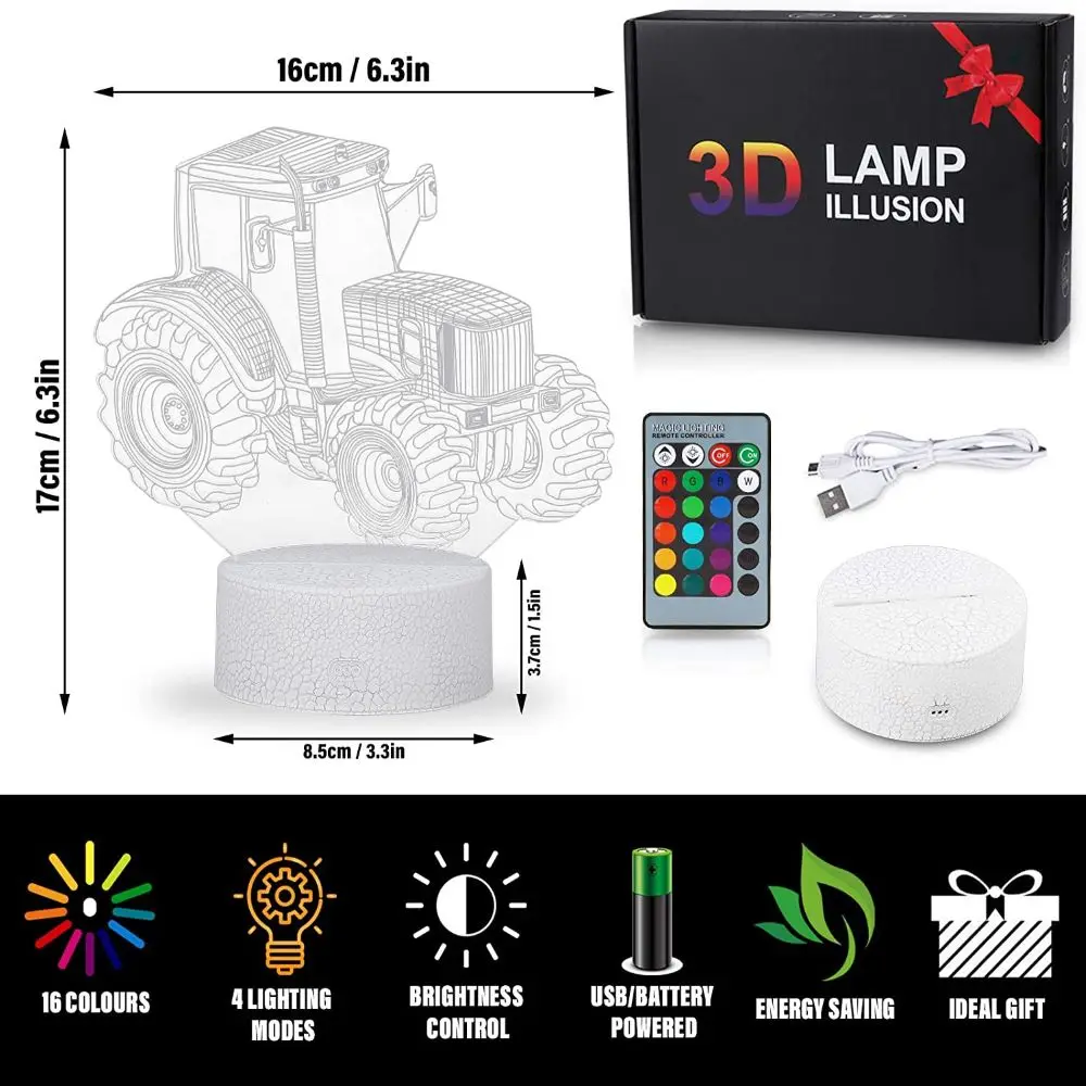3D LED 야간 조명 트랙터 자동차 테이블 램프, 침실 장식 램프, , 어린이, 생일 선물