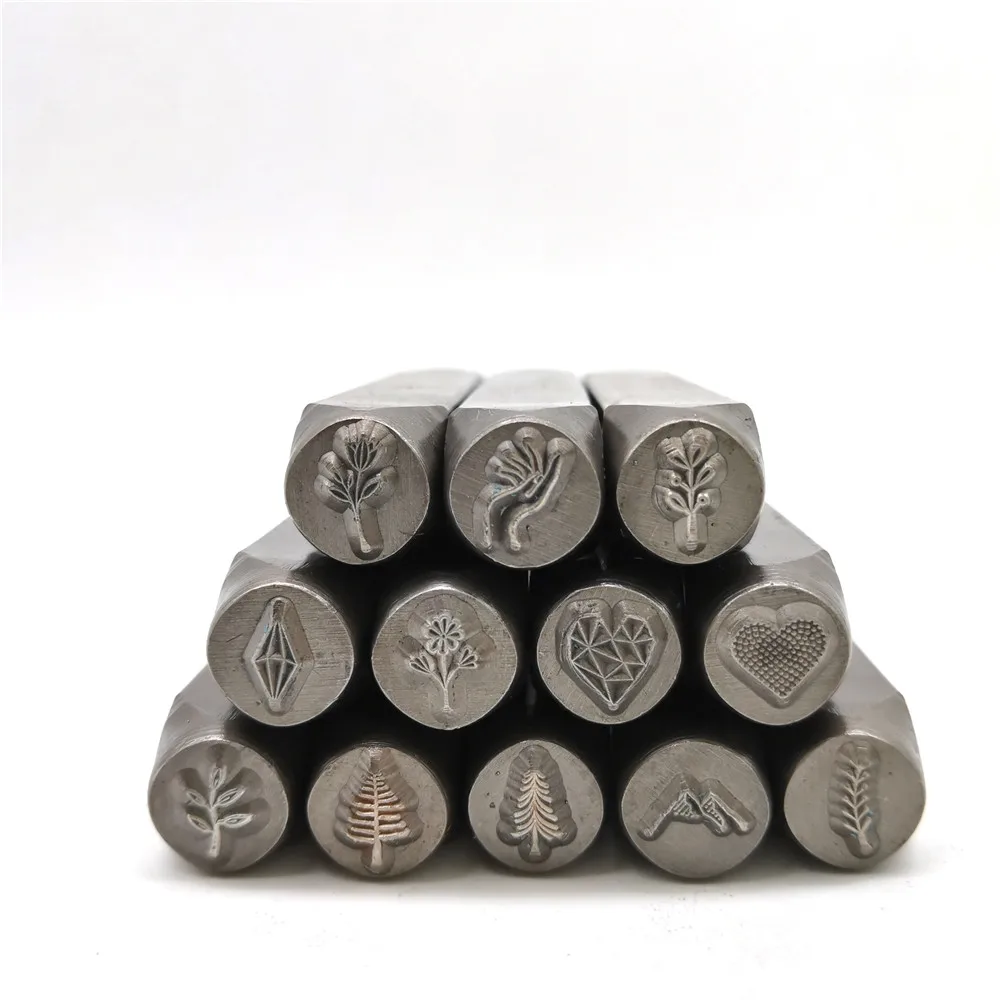 6mm Metal Stamping Kit 12pcs Jewelry Stamps Brands Logo 12pcs/set Steel Punching Silver Stamping Heart Plant Pattern Custom number letter stamp set alphabet number stamp set carving printing tools metal stamping marker