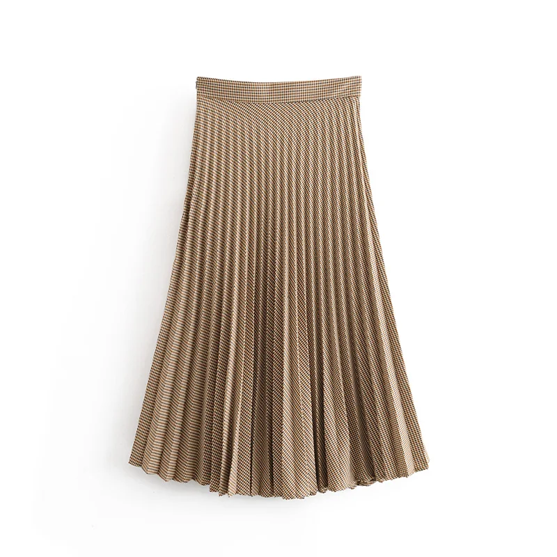 Модная женская юбка Za, осень, клетчатая плиссированная юбка на молнии, высокая талия, длина до середины икры, трапециевидная, офисная, для женщин