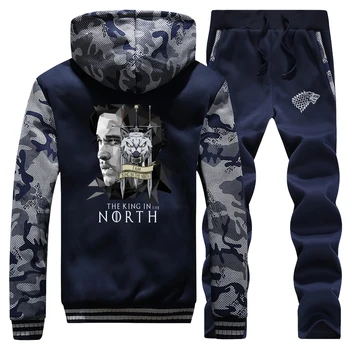 

King In The North Game Of Thrones Winter Hooded Men Camouflage Raglan Suit Coat Thick Fieece Hoodie Sweatshirt+Pants 2 Piece Set