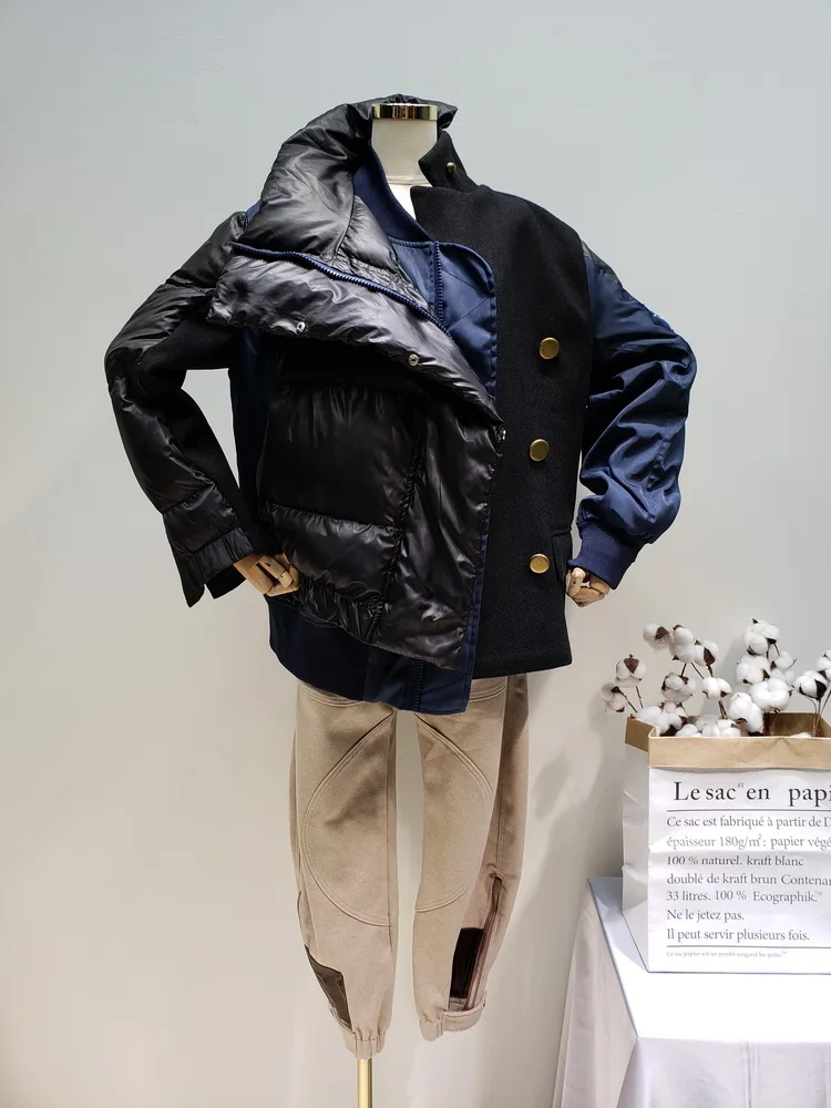 Необычный воротник-стойка, шерстяная ткань, Лоскутная хлопковая одежда, поддельные две хлопчатобумажные одежды, однобортное пальто для женщин размера плюс