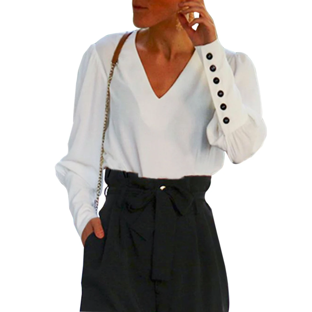 OEAK, Женская офисная блузка с буфами на рукавах, рубашка на пуговицах, белый v-образный вырез, топы, осенняя уличная одежда, Blusas, женские рубашки - Цвет: white