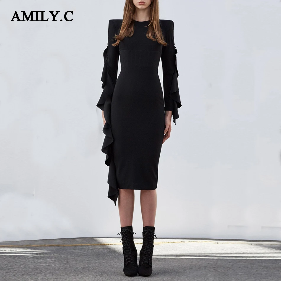 

Amily.c 2018 Summer Bodycon Women's Sexy Ruffled Long Sleeve Round Collar Club Bandage Dress Vestidos Sexy Party Dress